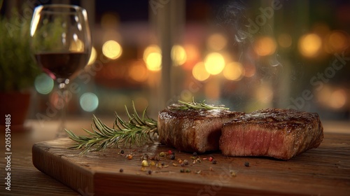 Sliced, perfectly cooked steak rests on a wooden board beside a glass of red wine in a dimly lit setting.