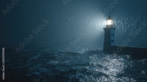 Illuminated beacon stands firm against a dark, stormy ocean and heavy rainfall