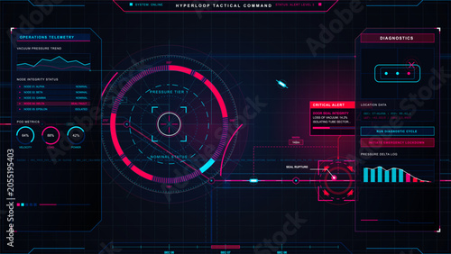 Obraz na płótnie Futuristic vacuum tube transit command HUD with pressure tier radar, seal ruptur