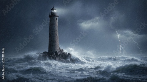 Stone navigational tower stands firm amid tempestuous ocean waves and electrical storm