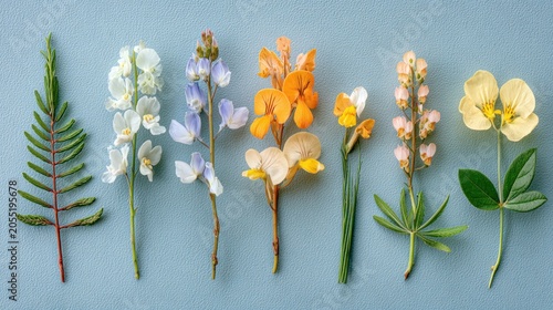 Diverse collection of pressed and arranged floral specimens displayed horizontally on a light blue surface