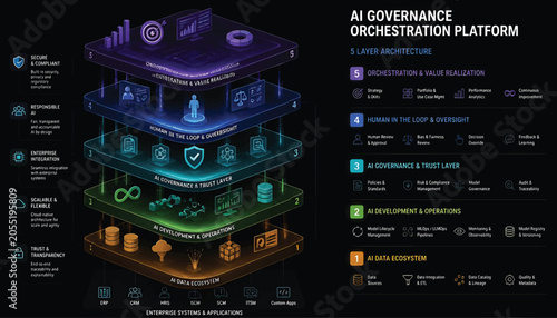 Ai governance, orchestration platform technical stack layered diagram, 5 layer stack