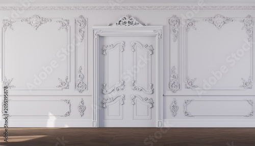 3D render of elegant classical wall with ornate moldings.