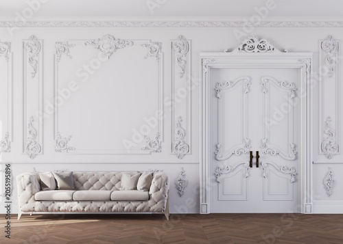 3D render of sophisticated living room with tufted sofa.