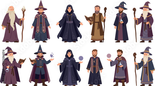 Foto Wizard and mage cartoon character flat vector illustration set featuring fantasy