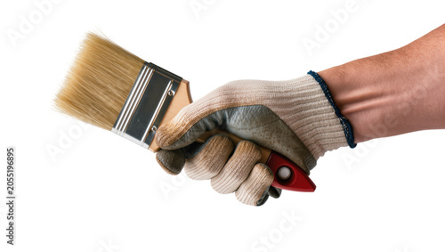 Isolated hand wearing a durable work glove gripping a professional wooden paint brush