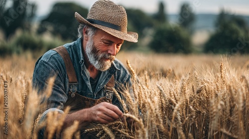 Elderly farmer carefully examining ripe golden corn in a field prior to harvest, reflecting agricultural skill, crop assessment, rural heritage, and traditional farming knowledge
