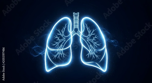 Glowing Blue Lungs with Trachea and Bronchi on Dark Background