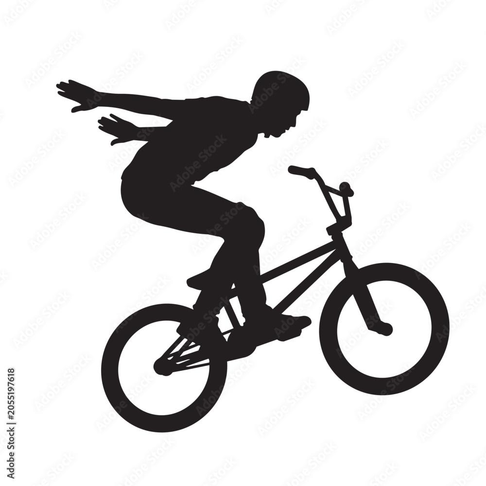 Naklejka premium BMX rider performing jump stunt silhouette vector illustration of cyclist in mid-air action sport