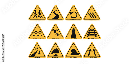 Tableau sur toile Set of yellow triangular road warning signs with black icons depicting traffic s