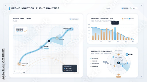 Bild auf Leinwand Drone logistics flight analytics dashboard with route safety map, payload distri