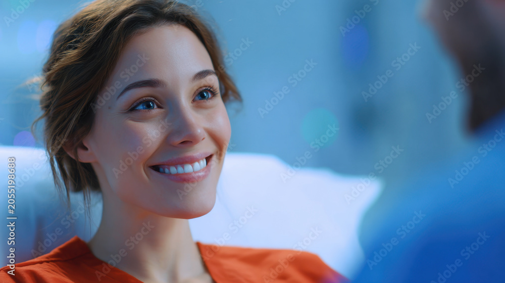 Fototapeta premium Young woman patient smiling in bed with doctor in modern clinic, healthcare consultation with happy adult female patient and medical staff in hospital room