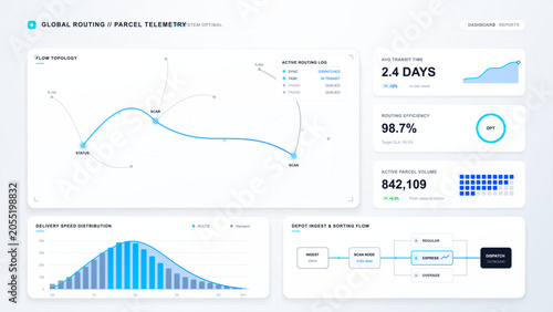 Foto Parcel routing telemetry dashboard with flow topology map, transit time cards, delivery speed histogram, depot sorting flow, and blue interface