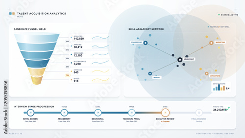 Clean talent acquisition analytics dashboard with candidate funnel, skill adjacency network, interview progression timeline, and blue gold HR metrics
