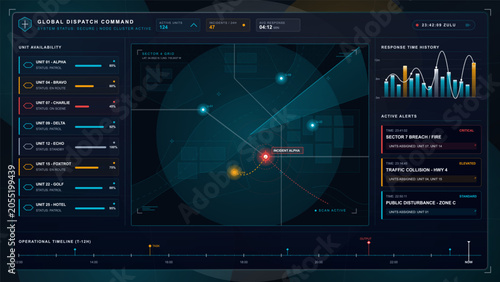 Tableau sur toile Dark emergency dispatch command dashboard with unit availability list, incident