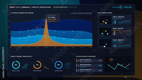 Photography Dark smart city traffic operations dashboard with congestion stream chart, live