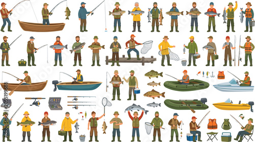 Schilderij op canvas Fisherman characters and outdoor angling hobby flat vector illustration set feat