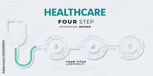 Healthcare infographic design with stethoscope and circular step icons vector illustration
