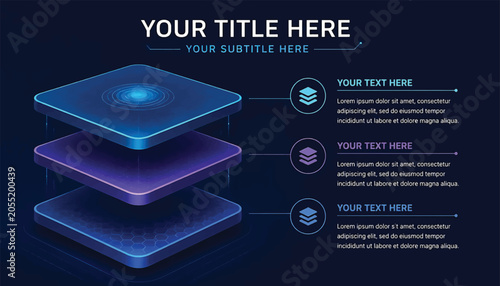 Isometric data visualization infographic, with glowing tech layers, design