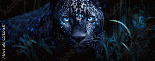 mystic jaguar with blue eyes in the jungle illustration