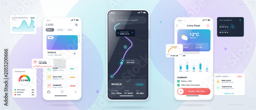Canvas Print Outdoor trail safety mobile app interface with three smartphone screens showing