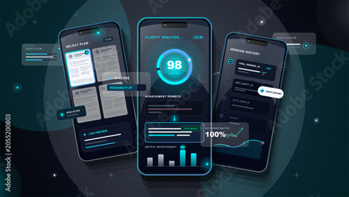 Tableau sur toile Futuristic content optimization app interface with dark smartphone screens showi
