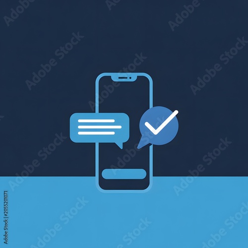 A smartphone displays chat bubbles with lines and a checkmark on screen