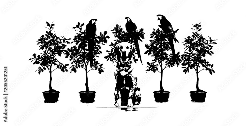 Fototapeta premium Black and white silhouette of a dog sitting between potted trees with parrots perched on top branches isolated on transparent background, Vector