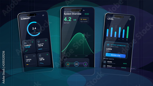 Foto Three dark smartphone screens show solar energy monitoring, room consumption, sa