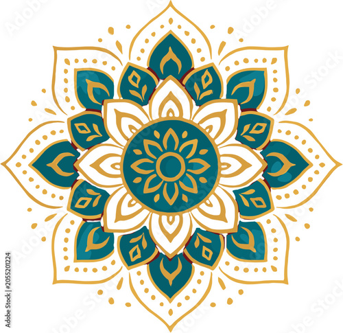 Fotografija Intricate teal and gold mandala design with symmetrical floral patterns and decorative elements, evoking spiritual and artistic themes