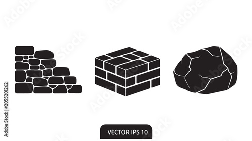 Black stone wall brick and rock vector icons for construction and architecture concepts