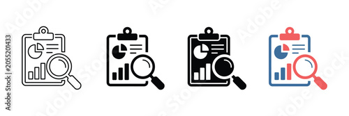 Four distinct variations of a business clipboard icon featuring a magnifying glass over various financial chart graphics rendered in clean line art and solid black and colorful modern vector styles
