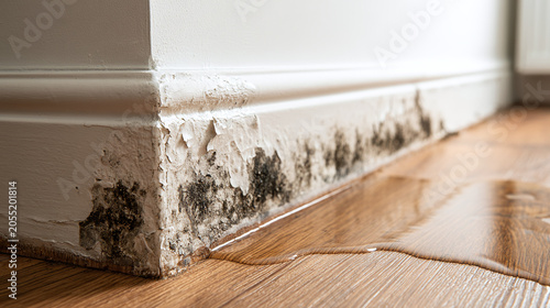 Damage to interior wall and floor from water leak, black mold growth