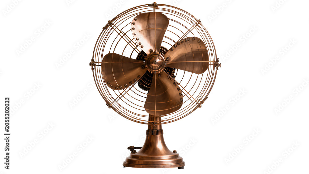 Εκτύπωση καμβά Isolated old-fashioned electric desk fan made of gleaming copper metal in a vint