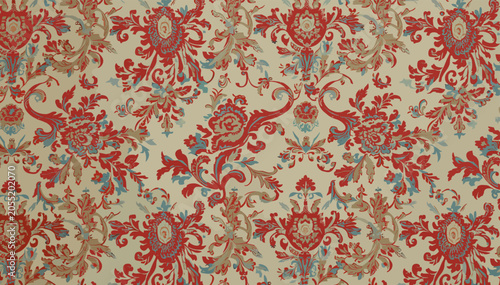 A detailed close-up view of a vintage floral damask fabric with red, blue, and beige floral motifs.