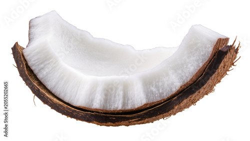 Foto Isolated coconut piece, showing white flesh and dark brown shell, healthy exotic