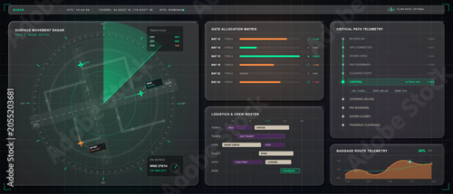 Fotografie Dark airport operations dashboard showing surface movement radar, gate allocatio