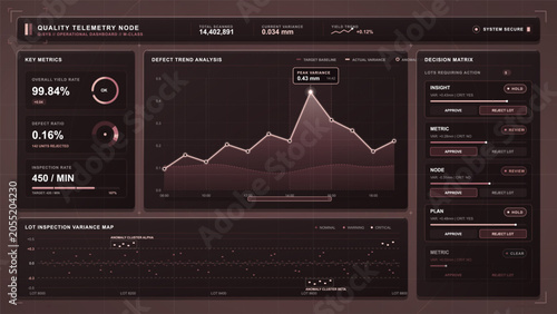 Tableau sur toile Dark quality control telemetry dashboard showing defect trend analysis, yield me