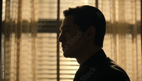 Silhouette profile of a contemplative Asian businessman standing in front of a window with blinds during sunset, conveying a sense of mystery and deep thought.