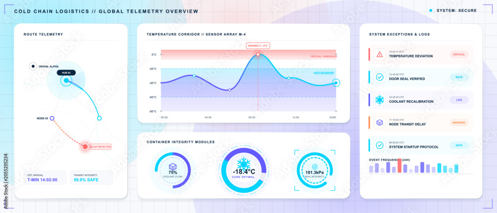Εκτύπωση καμβά Clean cold chain logistics telemetry dashboard with route map, temperature corri
