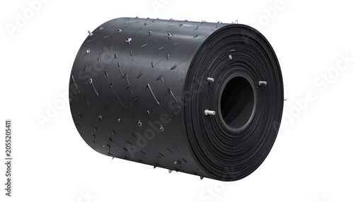 Close-up of a rolled, black, rubbery material with a textured surface, studded with metal fasteners. The core is cylindrical