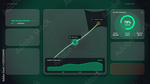 Foto Futuristic charging dashboard illustration with glowing route map, target node,