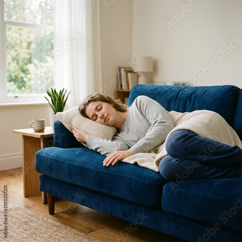 Young woman sleeping soundly on blue sofa, resting her head on soft pillow with eyes closed, relaxed home atmosphere, peaceful daytime sleep