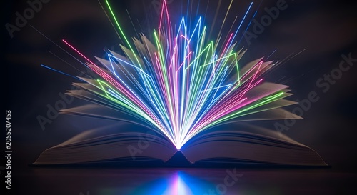 Glowing open book with neon light rays, magical storytelling concept with vibrant laser beams, creative imagination and digital education background