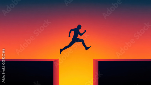 Silhouette runner leaping between rooftop at sunset, athletic man in jump over gap, urban challenge, action, risk, speed, freedom
