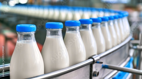 Bottled Milk Lines in a Dairy Processing Facility with Blue Caps