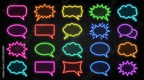 Collection of colorful neon speech bubble shapes on a dark background.