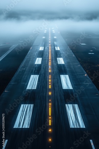 Empty airport runway fading into fog with lights and markings on a wet surface