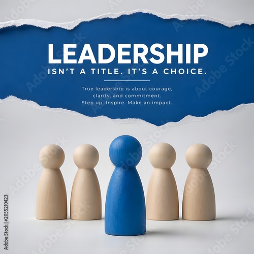 Wooden peg figures illustrating leadership concept, Conceptual minimalist photography, Business leadership and motivational communication, Blue peg figure standing out am