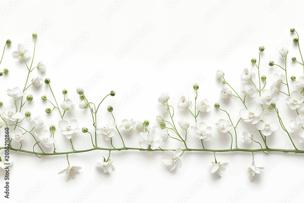 Fototapeta premium Delicate white flowers with green stems arranged as a floral border on a clean white background with copy space